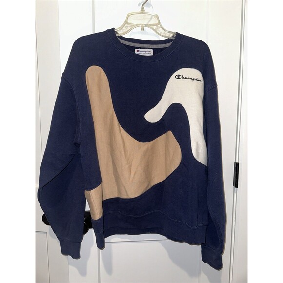 Champion Navy Tan White Color Block Sweatshirt Large Unisex Adult - Picture 1 of 5